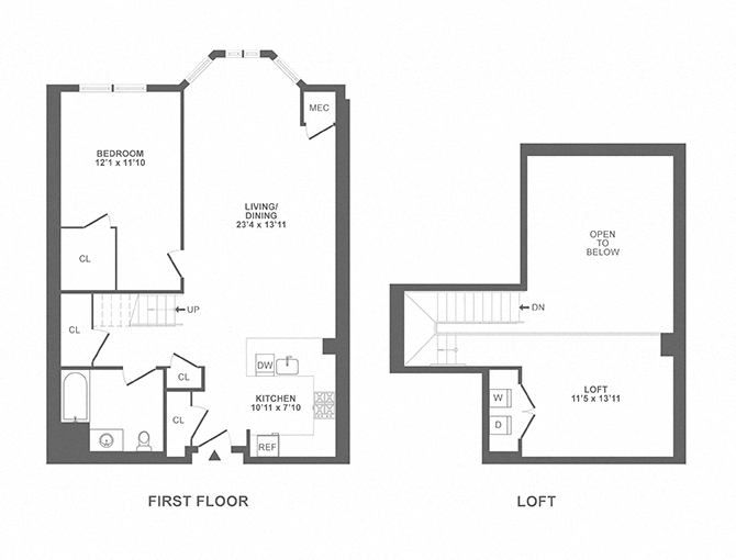 Floor plan for 1 bed, 1 bath, 1184 sqft